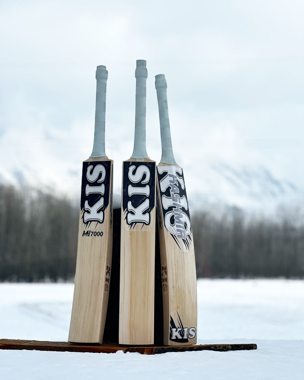 kashmir willow cricket bat in open snow field for photo shoot