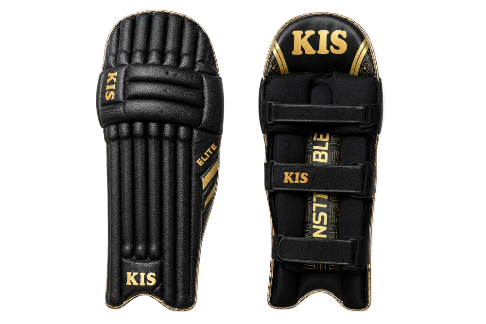 Black and gold KIS cricket shin guards shown from both the front and back views on a white background.