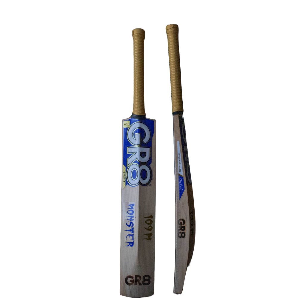 gr8 sports cricket bat for leather ball, back and side blade along with 109m name