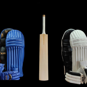 Crickets equipment including a bat and protective gear on a wooden wall with 'MIK' branding.